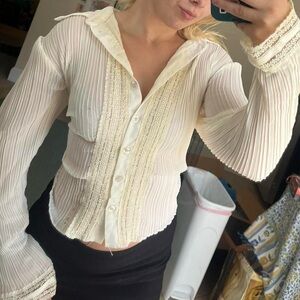 Vintage Ribbed Cream Long Sleeve Button Up with Lace Embroidery